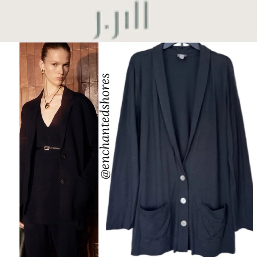J Jill Cardigan Lightweight Neutral Pop Over Jumper Duster Black Size Large